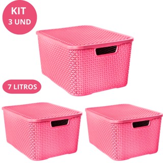 Kit com 3 Caixas Cesto Organizadora com Tampa Empilhável Plástico - 7 Litros