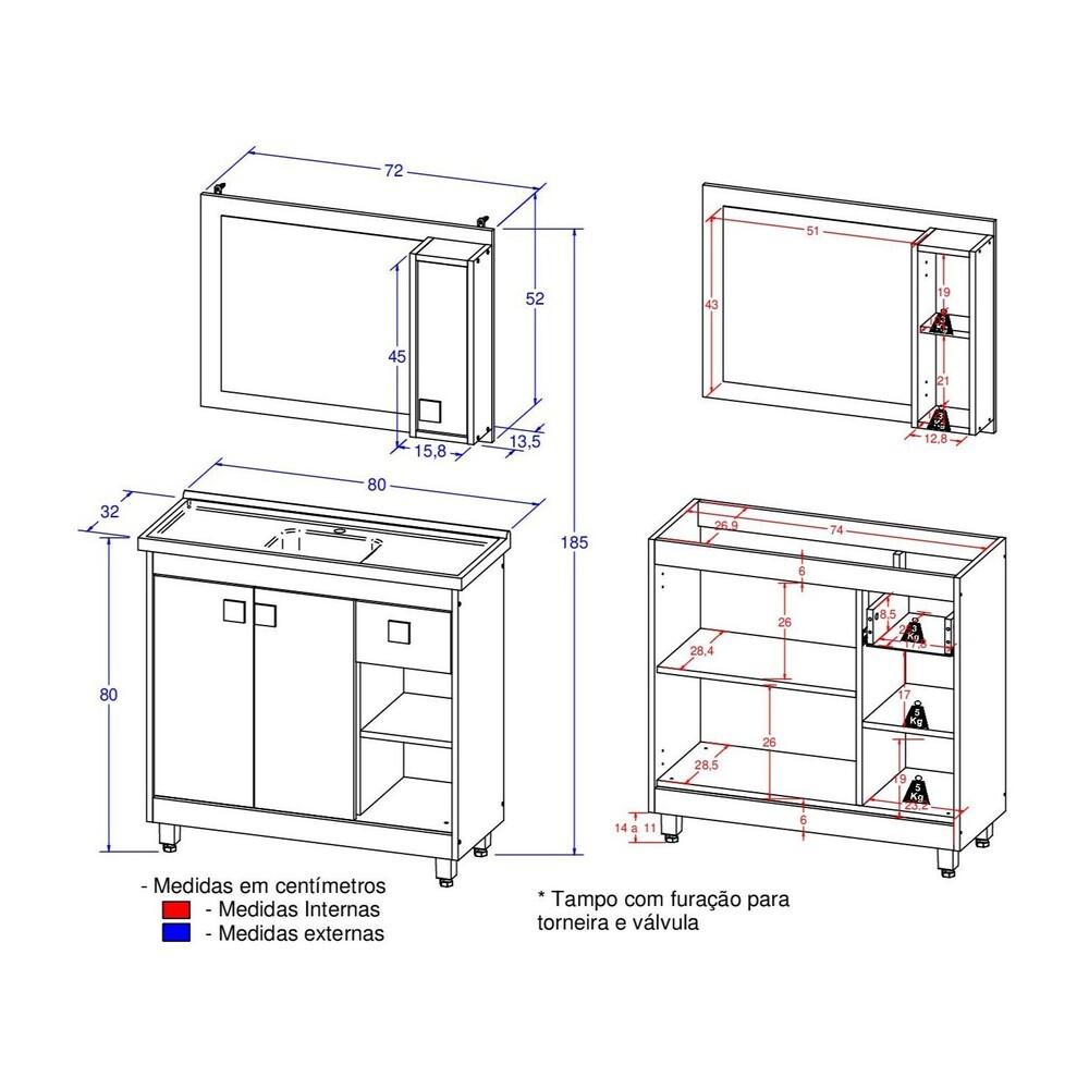 Detalhes do Gabinete Banheiro com Cuba e Espelheira 80cm Multimóveis CR10102