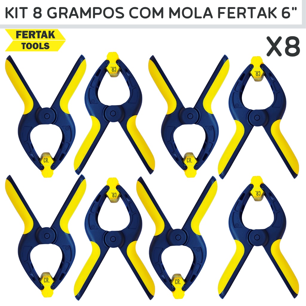 Kit 8 Grampos Com Mola Multiuso Fertak 6" Sargento Grampo Reforçado Para Marceneiro, Serralheiro