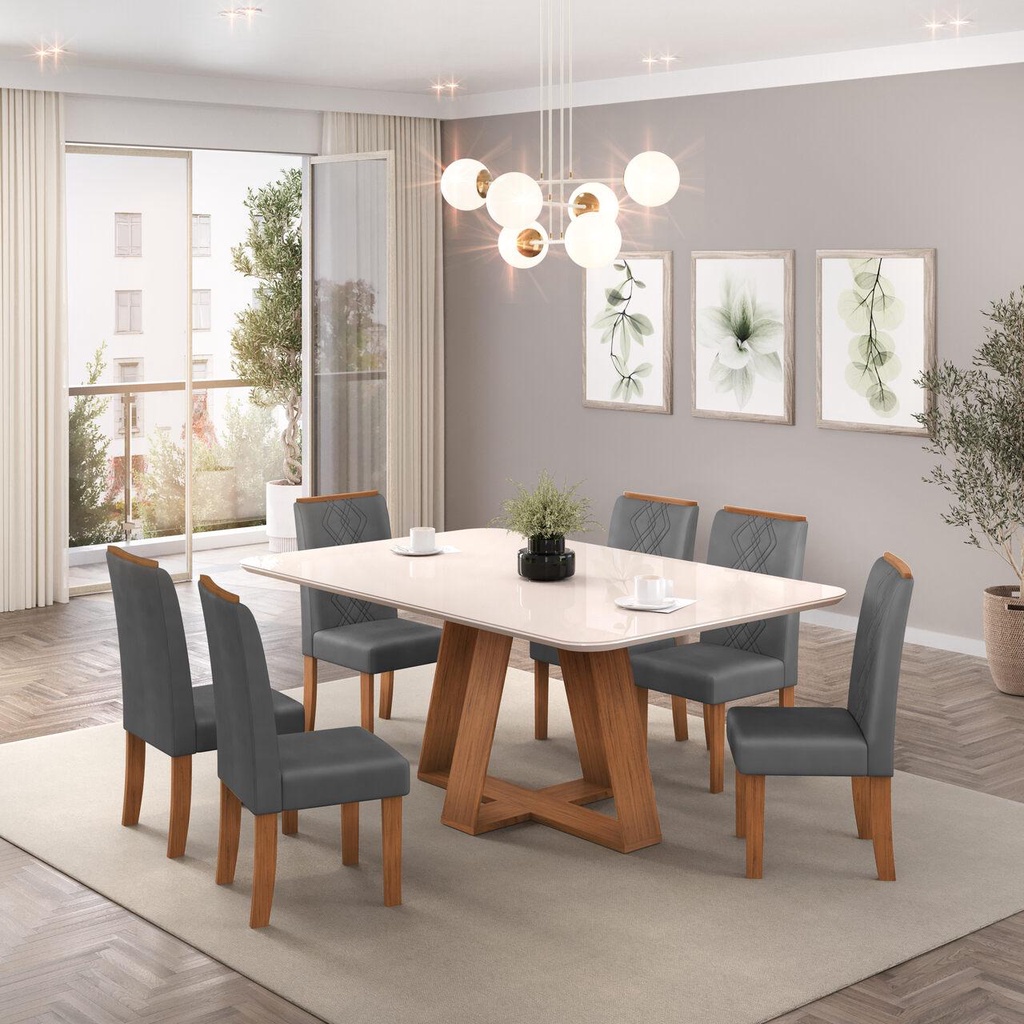 Conjunto Sala de Jantar 6 Cadeiras Tampo de Vidro DJ Móveis Kiara Freijó Ayla Lunar em Oferta na Shopee