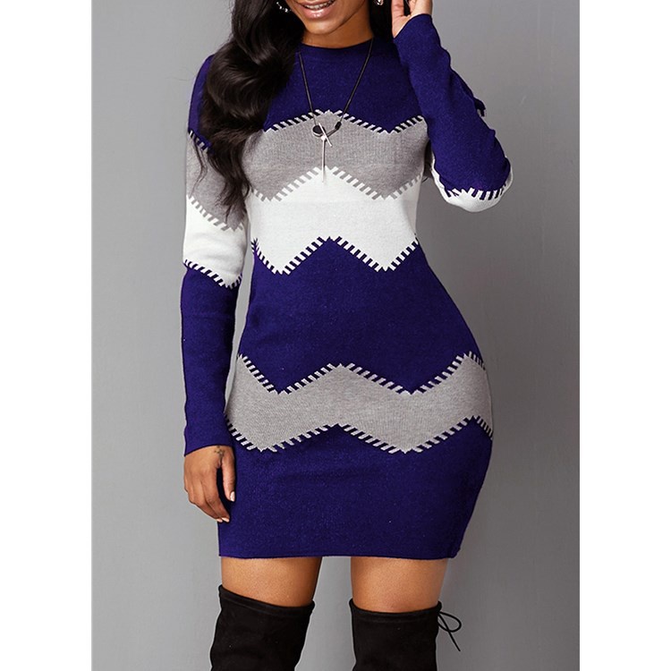 Moda Feminina De Outono Impressão Vestido De Malha De Manga Comprida O-neck Elegante Bodyc...