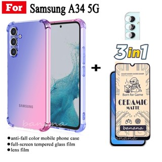 Estojo Telefônico 3 Em 1 Para Samsung A34 A54 A14 5G A13 À Prova De Queda De Quatro Cantos + Filme De Vidro Temperado Traseiro De Fibra De Carbono Lentes