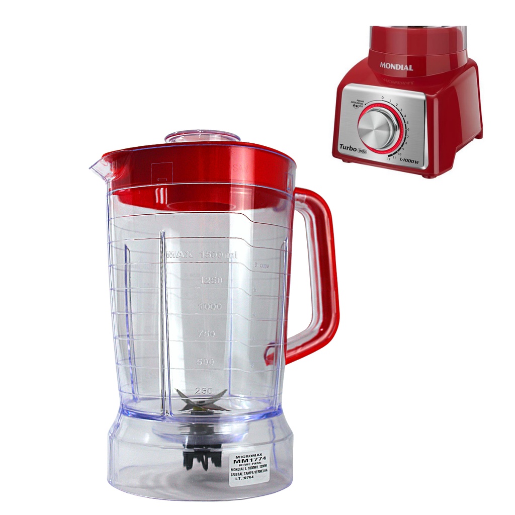 Copo De Liquidificador Mondial L-1000W L-1100W L-1200W  Tampa Vermelha Cristal em Oferta na Shopee