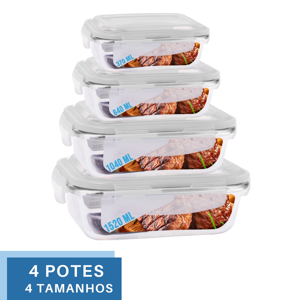 4 Potes Vidro Hermetico Fit 4 Tamanhos Retangular Mantimento