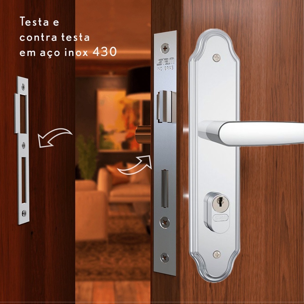 Fechadura Externa Larga Stam Fechadura Portas de Ferro Maçaneta 803/33 Em Inox Prateada