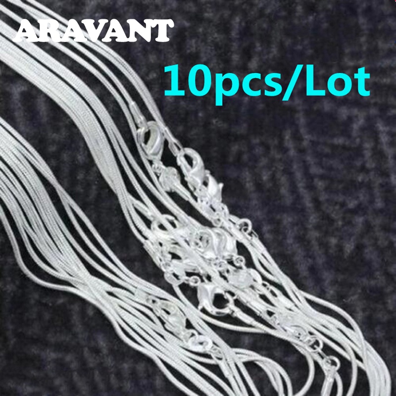 Aravant 10pcs 925 Sterling Silver Fine 1mm Snake Chain Necklace Para Mulheres Homens 16-30inches Fashion Party Jóias De Casamento