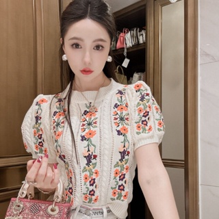 Moda Feminina Vintage Sexy Pescoço Redondo Manga Curta Camisetas Casuais Summer Flower Stripe Knit Hollow Out Bordados em Oferta na Shopee