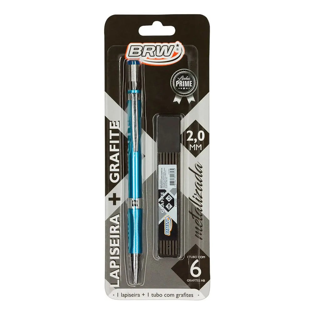 Lapiseira 2.0mm Metalizada Azul/Prata/Dourado/Roxo  + Tubo Grafite HB 6 Unidades BRW - Escolha a Cor