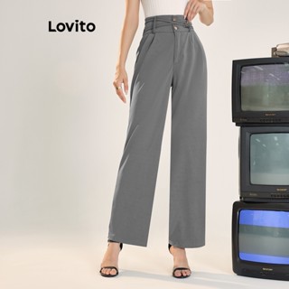 Lovito Calças com Cintura Alta e Estrutura de Tecido com Botões Simples para Mulheres L56ED068 (Cinza Escuro)