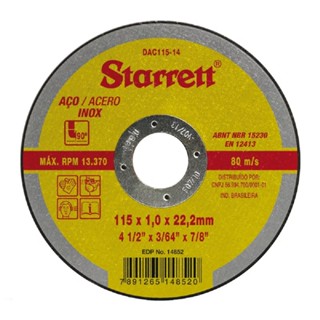 DISCO CORTE 115,0MM 4.1/2 X 1,0 X F22 P INOX STARRETT DAC115-14