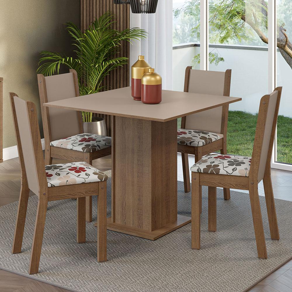 Conjunto Sala de Jantar Mesa Tampo de Madeira 4 Cadeiras Rustic/Crema/Hibiscos Alana Madesa - Home & Living
