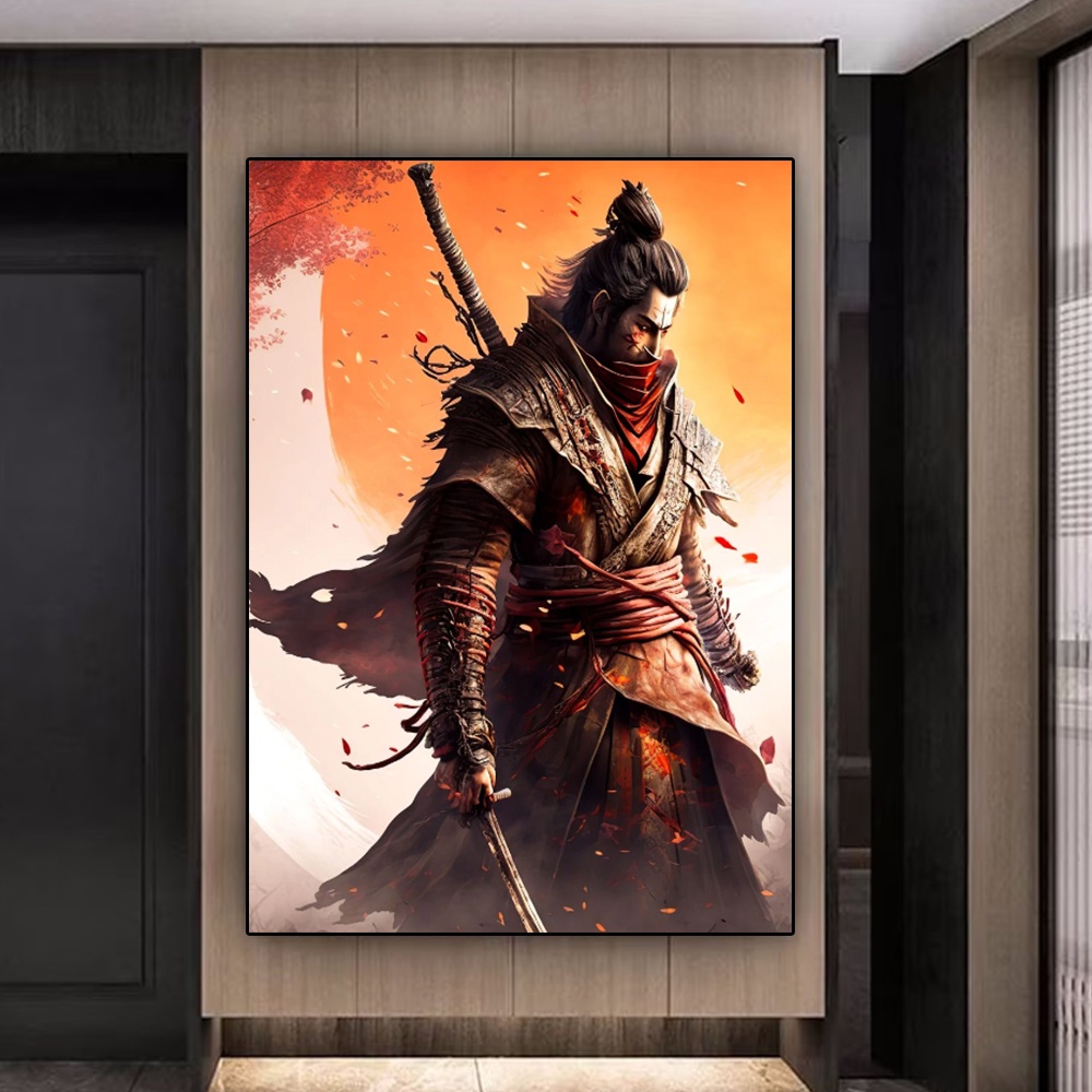 Quadro Decorativo Samurai Sakura Guerreiro, decoração casa Quadro Decorativo japonês gueixa samurai tamanho grande Decoração para sala casa cozinha quarto Quadro decorativo abstrata Moderno Decoração Sakura Guerreiro, Sunset Retro arte #01