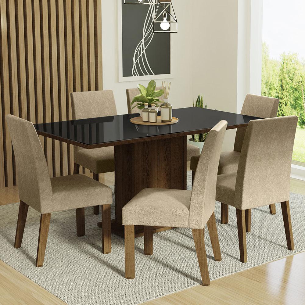 Conjunto Sala de Jantar Mesa Tampo de Vidro 6 Cadeiras Rustic/Preto/Imperial Alexis Madesa - Home & Living