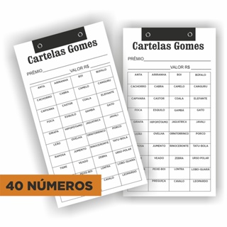 Kit 30 Cartelas de rifas com 40 NÚMEROS •  (Homem, Mulher, Numeral e Animais) em Oferta na Shopee