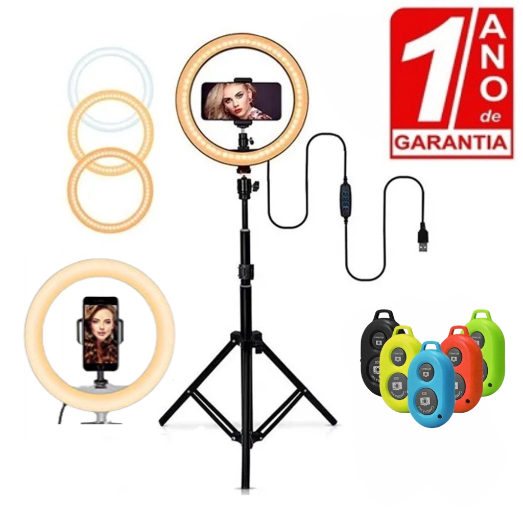 Kit Youtuber Podcast Ring Light Profissional + Controle Bluetooth Tripé Pedestal e Suporte Celular