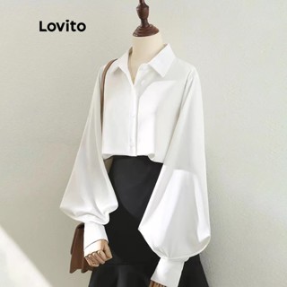 Lovito Blusa Solta Com Botão Simples Mangas Longas Balão Para Mulheres L47ED087 (Branca)