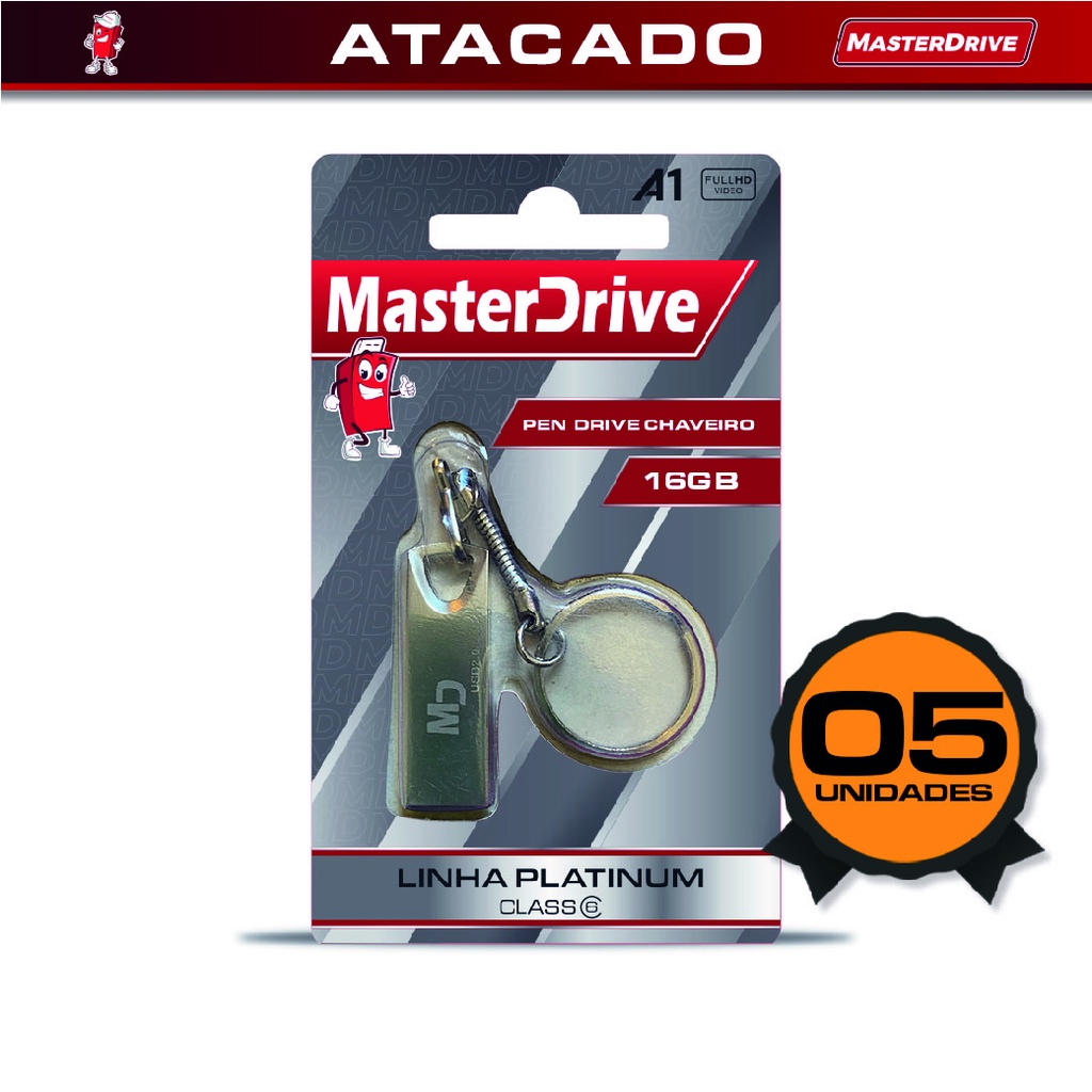 Kit 5 Pendrive 16GB MasterDrive PLATINUM - Pen Drive 16GB Tipo Chaveiro Original