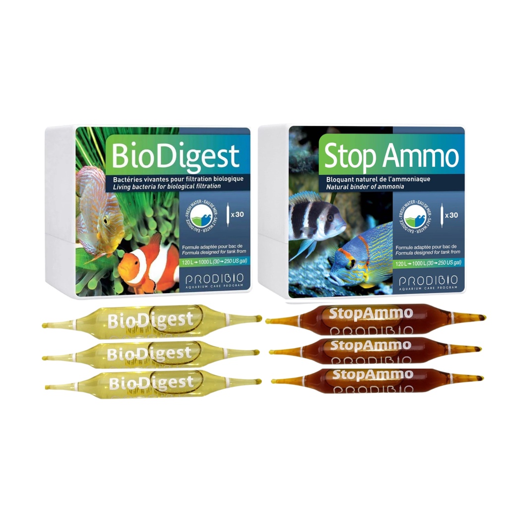 6 Ampolas Prodibio 3 Stop Ammo + 3 Biodigest  Start UP Ciclagem Acel. Bio. Para Aqu. Doce e Marinho