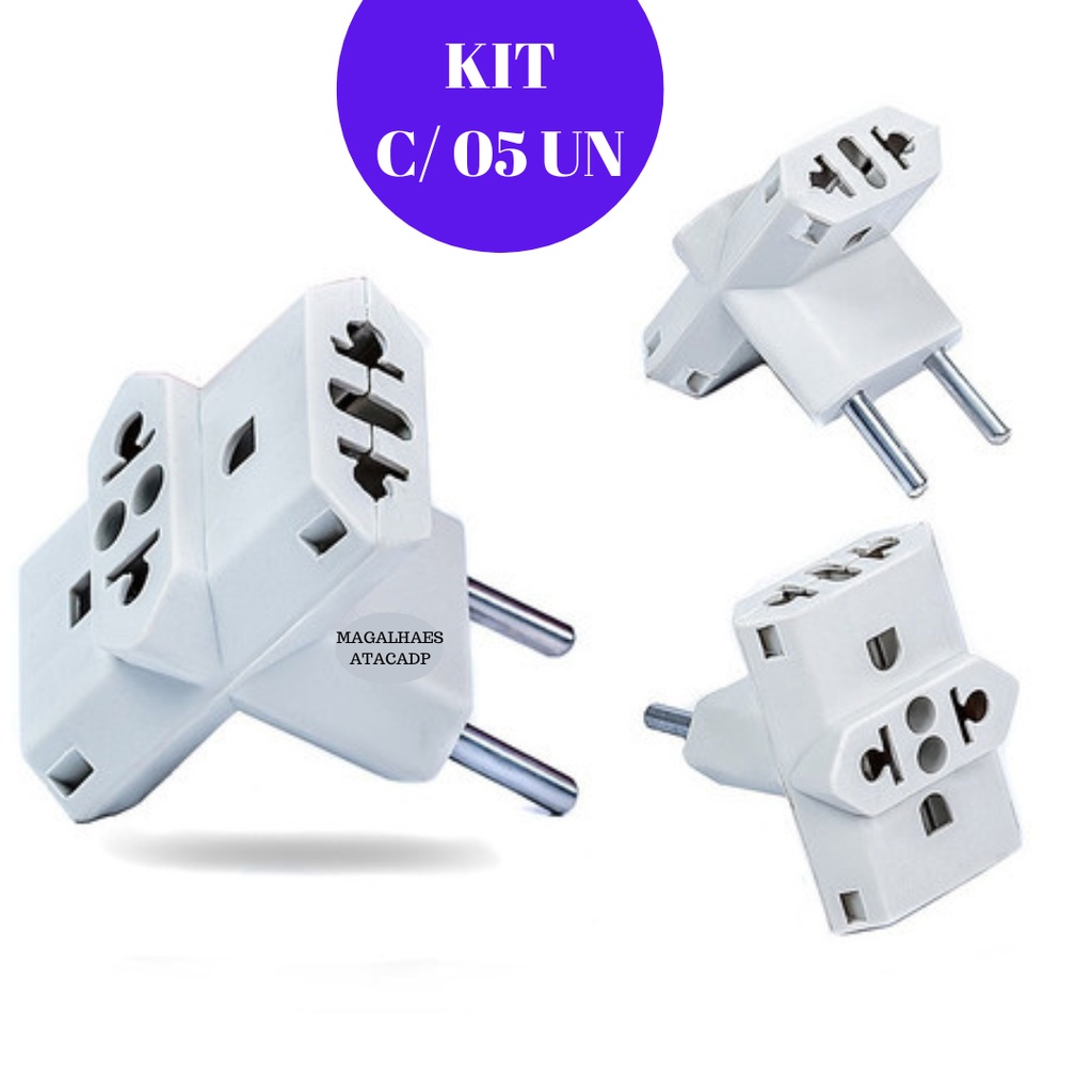 Kit 05 Adaptador Tomada 03 Saida Bivolt Power Universal Benjamin 10A T Amperes Eletrico Pino Fino Grosso Adaptadores Tr