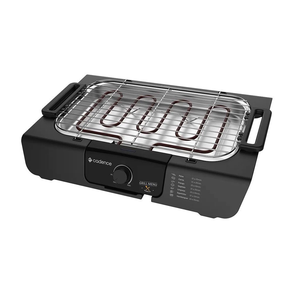 Churrasqueira Elétrica Cadence Grill Menu GRL810 2000w Termostato Bandeja Coletora Indicador Água Ajuste Altura
