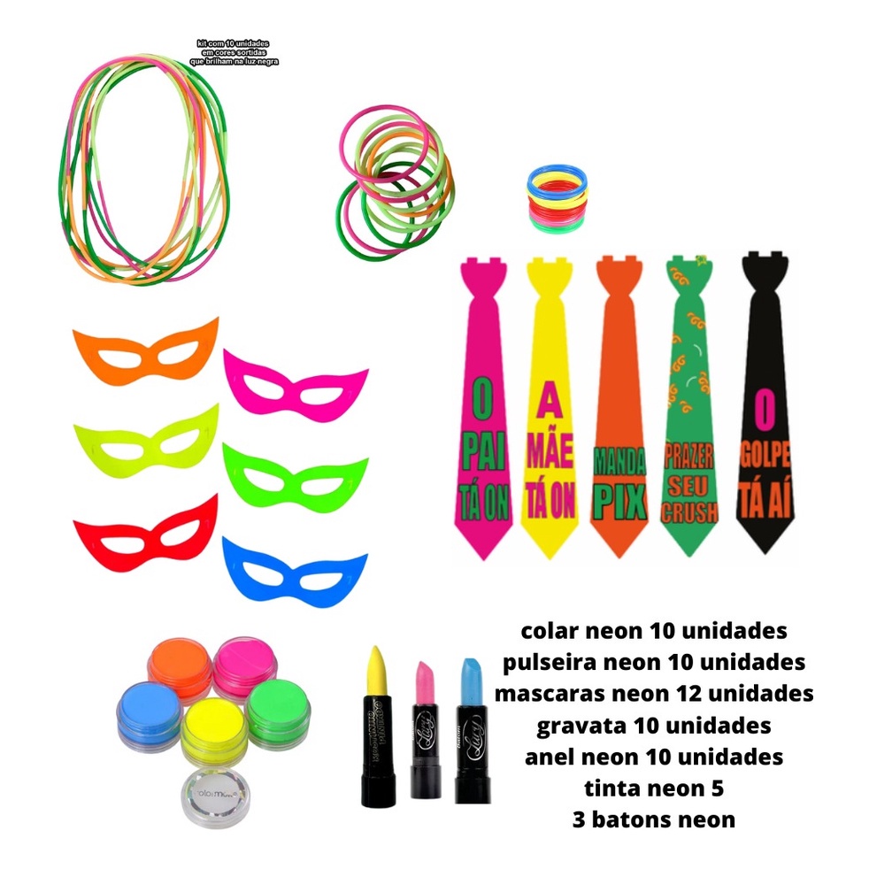 Kit Festa Neon Balada Adereços 152 Itens + Maquiagem Neon