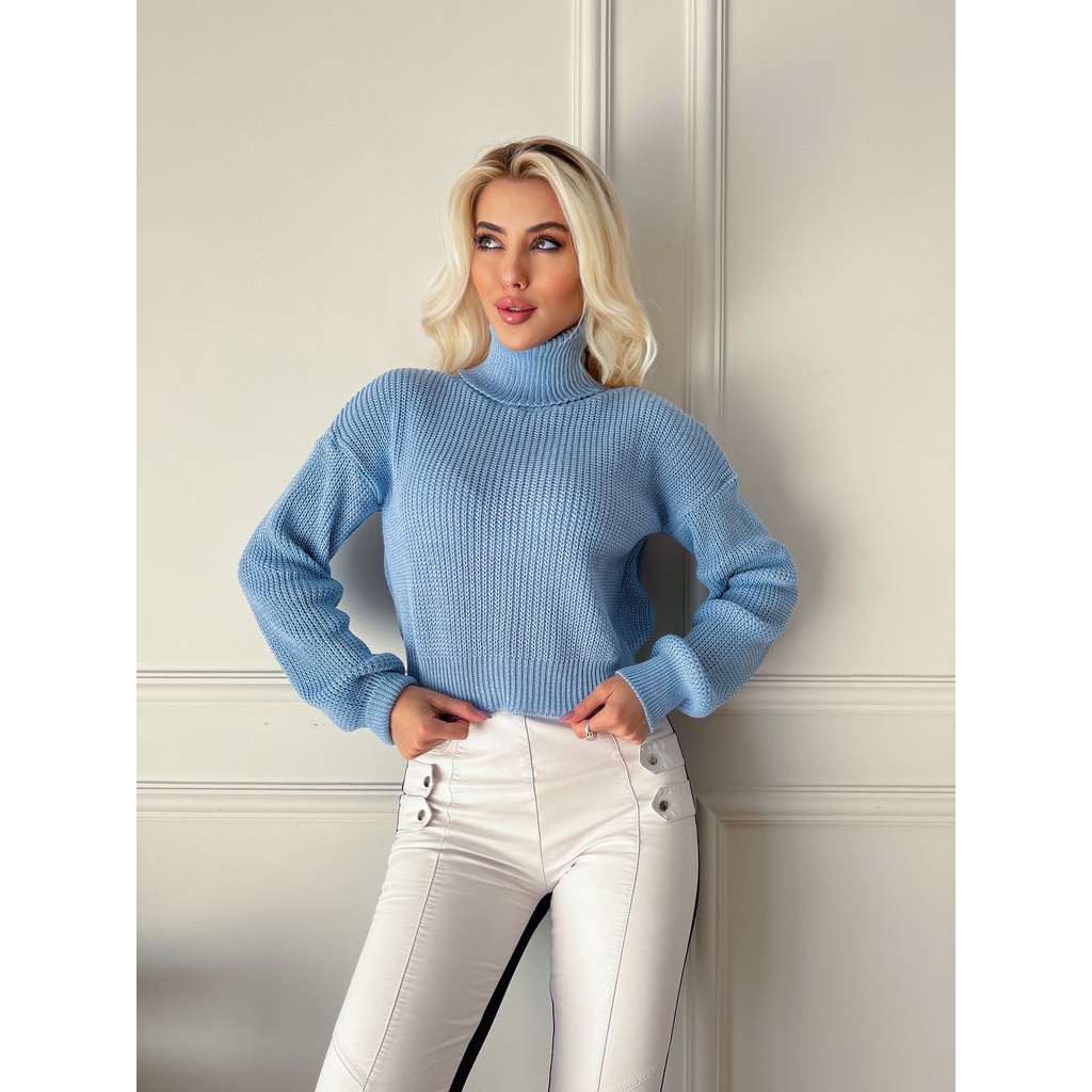 Blusa gola alta cropped tricot tricô inverno modinha blogueira azul