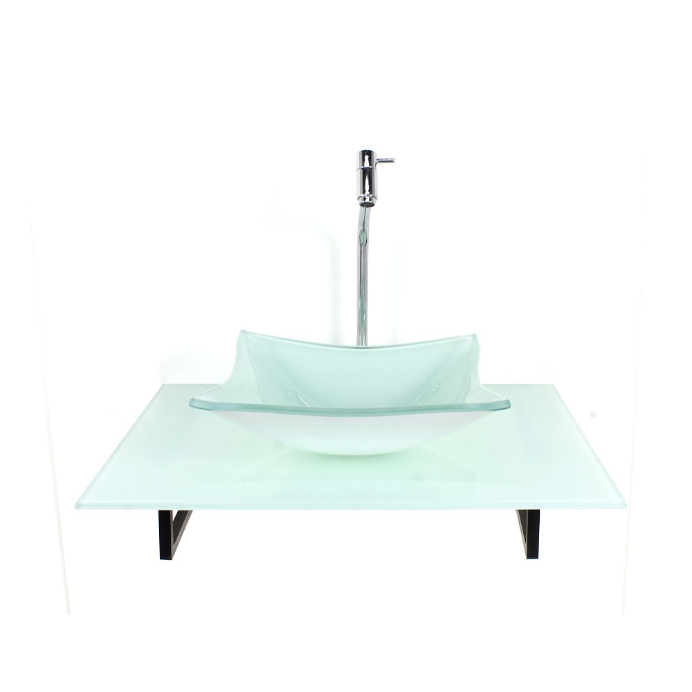 KIT CUBA DE VIDRO QUADRADA COM TAMPO 60CM BRANCO FULL E SUPORTE PRETO
