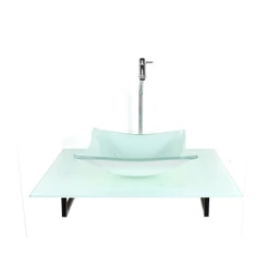 KIT CUBA DE VIDRO QUADRADA COM TAMPO 60CM BRANCO FULL E SUPORTE PRETO