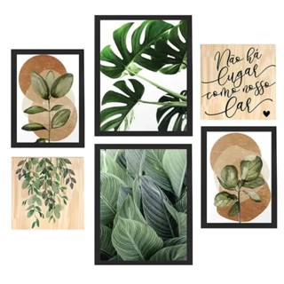Kit 6 Quadros Decorativos Boho Frases Folhagens Natureza -  Moldura Preta
