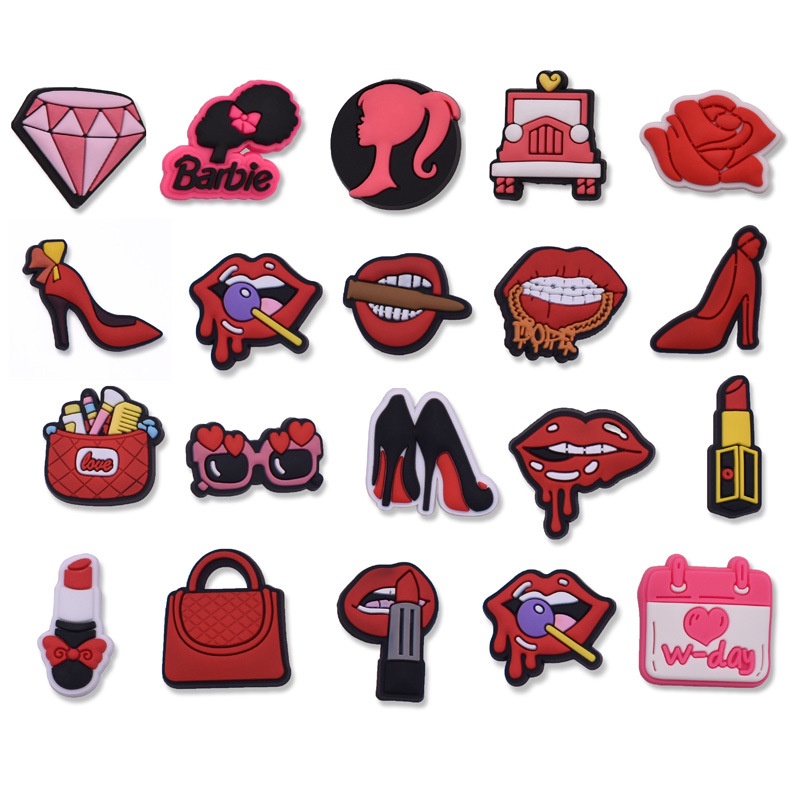 Encantos de sapatos de decorações de lábios acessórios de PVC com botão e sandálias pinos de pingente com presentes em Oferta na Shopee