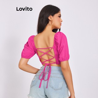 Lovito Blusa de Tecido Liso com Amarração nas Costas e Decote nas Costas para Mulheres LBE02039 (Rosa Choque)