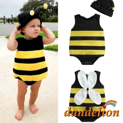 Macacão para Bebês Meninos e Meninas com Chapéu, Listrado, Sem Mangas, Costas Brancas, Decoração de Asa, Roupas Casuais de Halloween