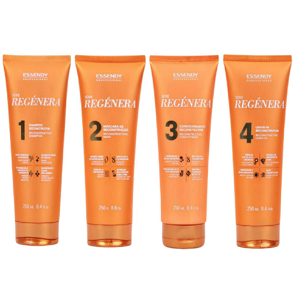 Kit Home Care Série Regénera 250ml Essendy - Shampoo Limpeza Suave, Máscara Capilar de Reconstrução, Condicionador Reconstrucão,Leave Reconstrucão