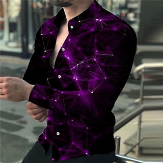Lapela social de luxo com design de moda para homens, roxo céu estrelado azul dourado, tamanho grande, camisa de manga comprida com estampa de ponto casual