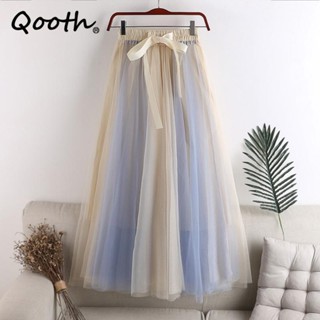 Qooth Women 7 Color Block Bow Tulle Ball Gown Saia Elegante Fada De Cintura Alta Em Linha Para Primavera Outono QT2127