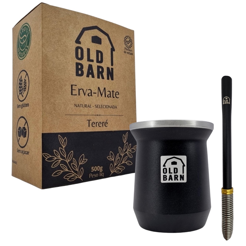 Kit Tereré Old Barn Preto Cuia De Alumínio Parede Dupla 300ml Bomba De Mola Cônica 1 Erva 500g