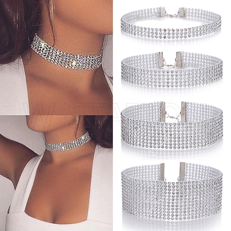 Corrente De Prata Cristal Completa E Larga Gargantilha Sexy/Diamante Cintilante De Noiva Festa De Casamento Acessórios De Jóias Intermitentes em Oferta na Shopee