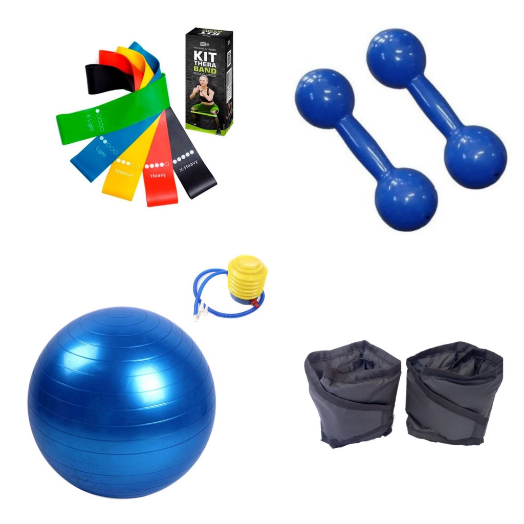 Par Halter Emborrachado 1 Kg + Par Caneleira 1 Kg + Bola Pilates55cm + Kit Mini Band em Oferta na Shopee