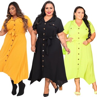 Chemise Vestido Plus Size Longo Botao Duna Cinto Chamise Bico Longa Grande Chemise GG 50 52 G2 G3