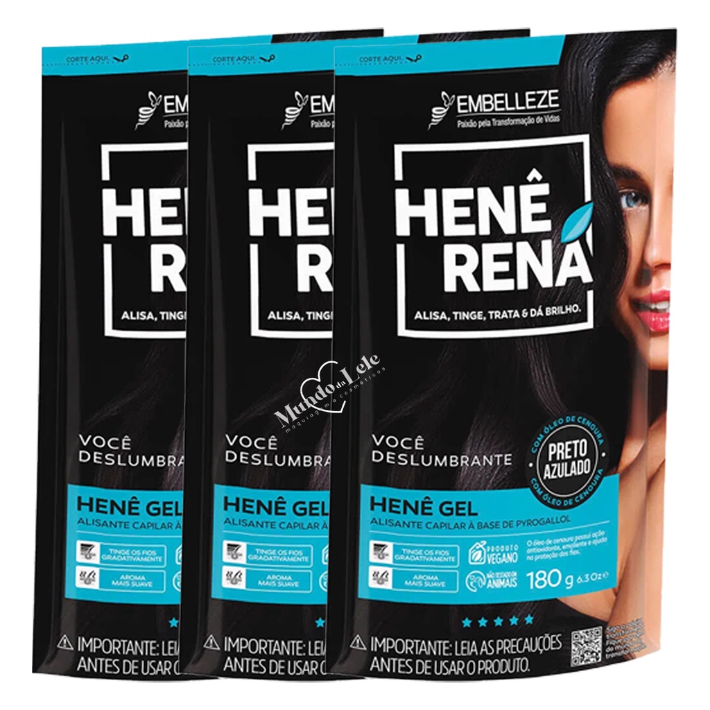 Kit Alisante Henê Gel Rená Preto Azulado Pouch 180g Embelleze - 3 Unidades - Beauty