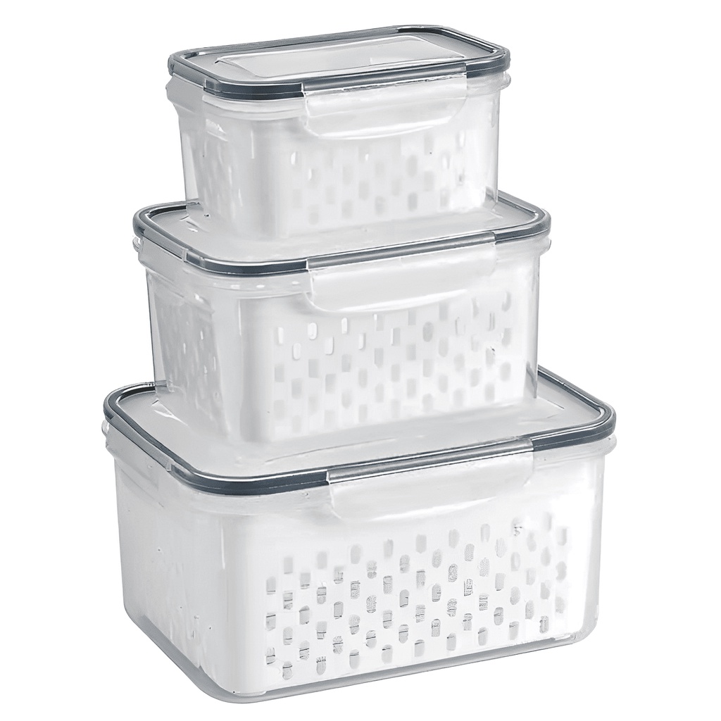 Kit 3 Organizadores de Geladeira Potes Herméticos Cozinha Alimentos Com Cesto Removível Lavar Frutas