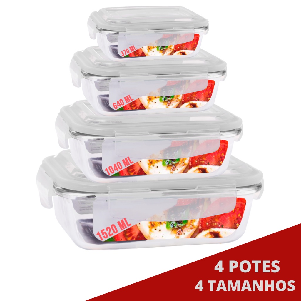 4 Potes Vidro Tampa 1 De Cada Retangular 370 640 1040 1520ml em Oferta na Shopee