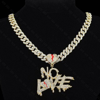 NO LOVE Colar Carta Homens Pingente Mulheres Coração Exagerado Rachado Completo Diamante Cubana Corrente