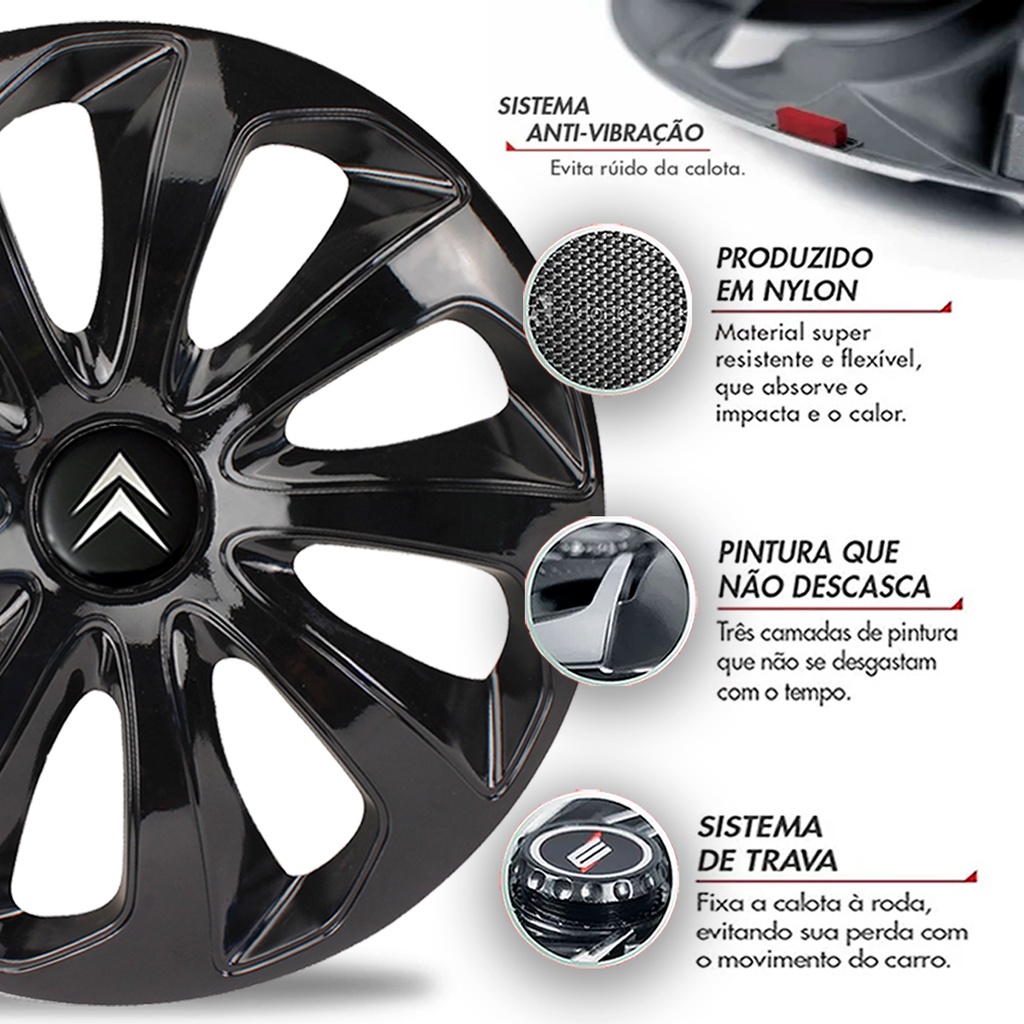 Jogo 4 Calotas Velox Aro 15 Preta Citroen C3 C4 Aircross