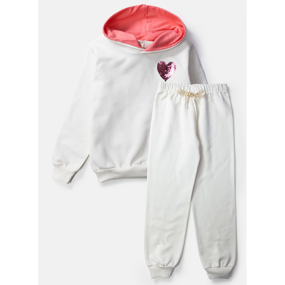 Conjunto Infantil Feminino Moletom com Capuz Coração Lantejoula Creme 0053 - Laluna