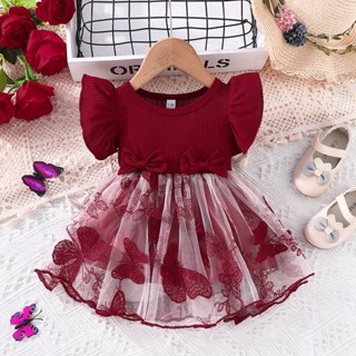 Vestido Para Crianças 3 Meses-3 Anos De Aniversário Estilo Coreano Moda Borboleta Fofa Bordado Em Malha Ruffle Trim Bow Frente Princesa Vestidos Formal Ootd Menina Recém-Nascida