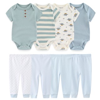 Kiddiezoom 8 Pieces Cartoon Baby Boy Girls Bodysuits + Pants Unisexo Roupas Para Recém-Nascidos Conjuntos De Bebês