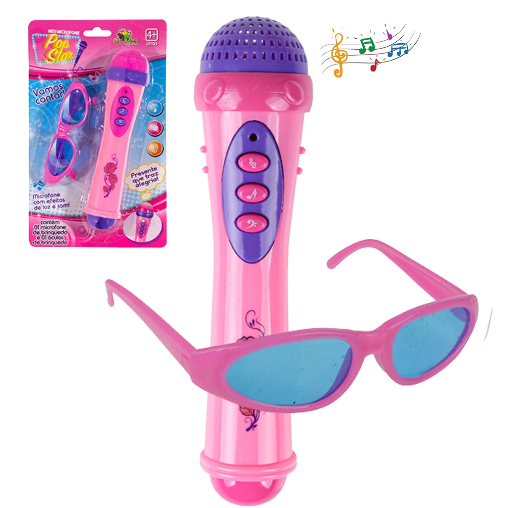 Microfone e Óculos Infantil Com Luz E Som Menina Pop Star