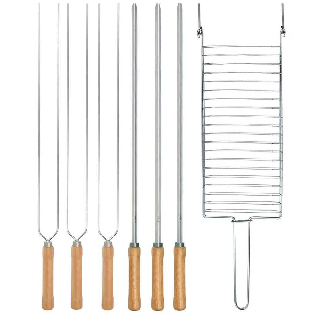 Kit Preparo Churrasco 7pcs Churrasqueira Grelha e Espetos 65cm Simples e Duplo Cabo Madeira em Oferta na Shopee