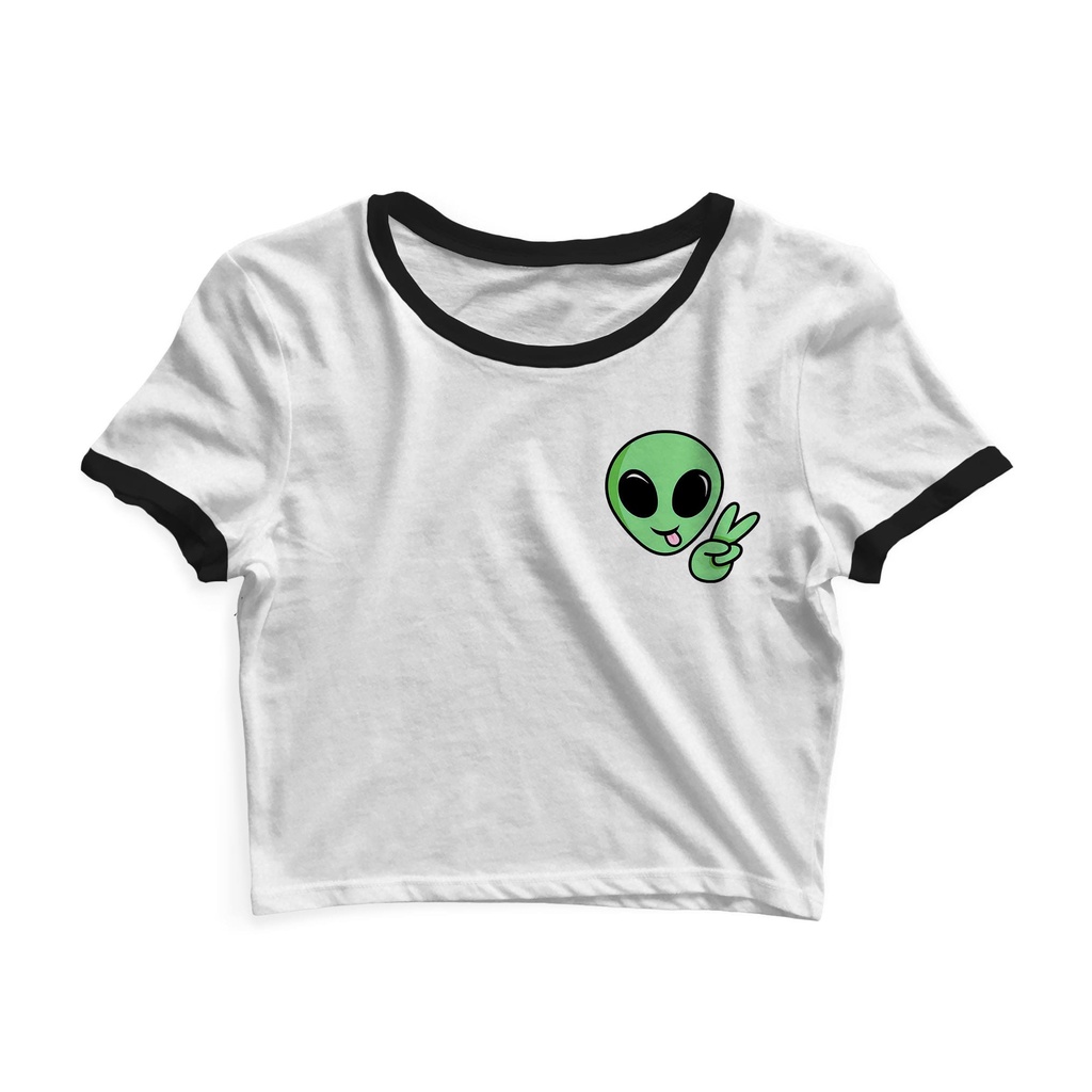 Cropped Blusinha As Braba Alien Paz e Amor Lateral Branco Viés Preto